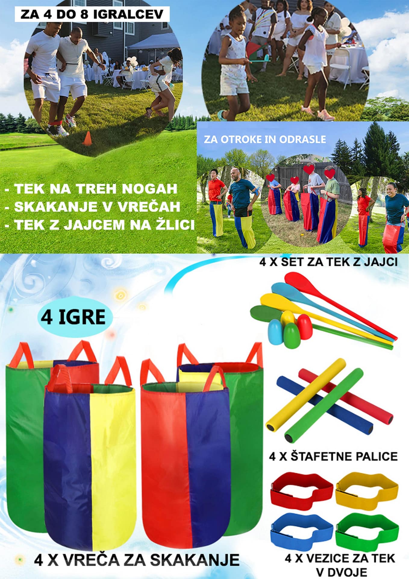SET TREH IGER: SKAKANJE V VREČAH, TEK Z JAJCEM IN V DVOJICAH
